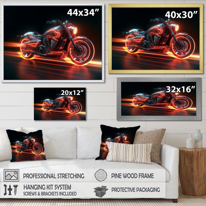 Neon Light Strips Around Silver Motorcycle - Canvas Wall Art