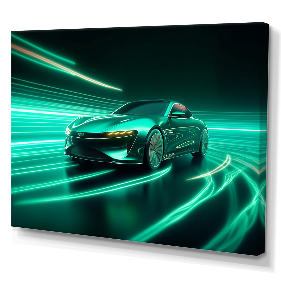 Neon Light Strips Teal Hybrid Car - Car Exotic Canvas Wall Art