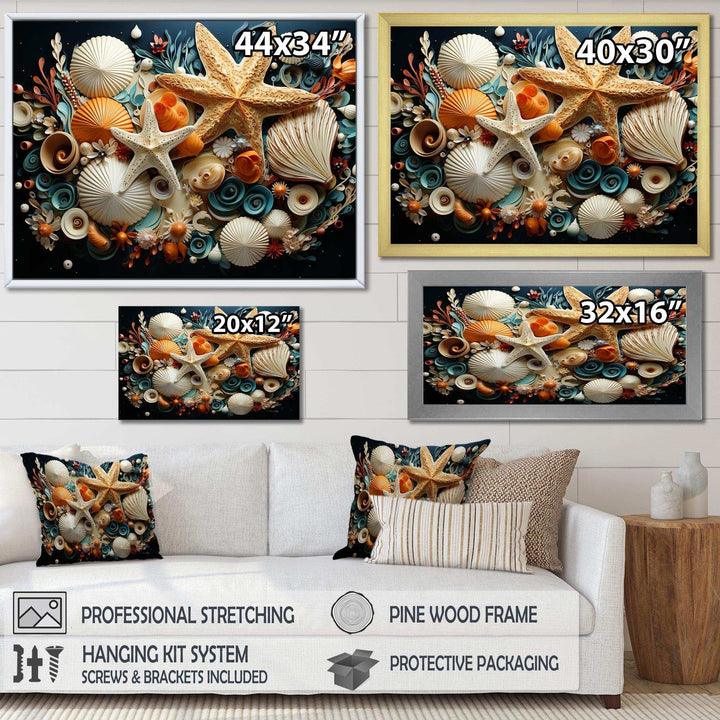 Modern Beach Shellfish Collage - Coastal Canvas Wall Art