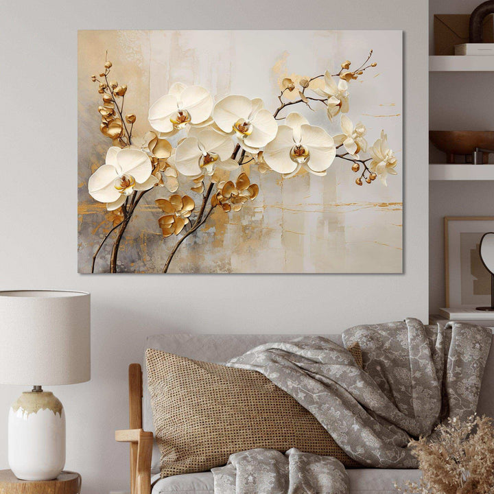 Minimalism Beige And Gold Orchids - Floral Canvas Wall Art