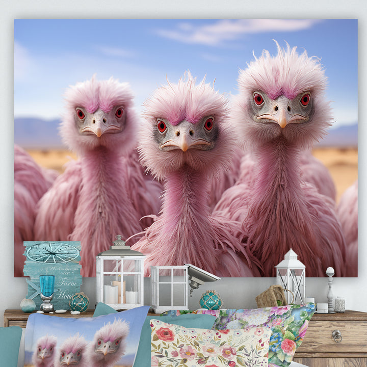 Pink Ostriches Mirage Portrait - Ostriches Wall Art Prints