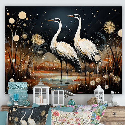 Mystic Ostriches Silhouettes By The Pond - Ostriches Framed Canvas Art