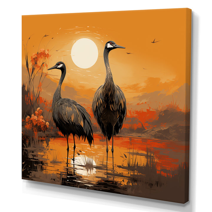 Ostriches At Dusk By The Pond - Ostriches Living Room Wall Art