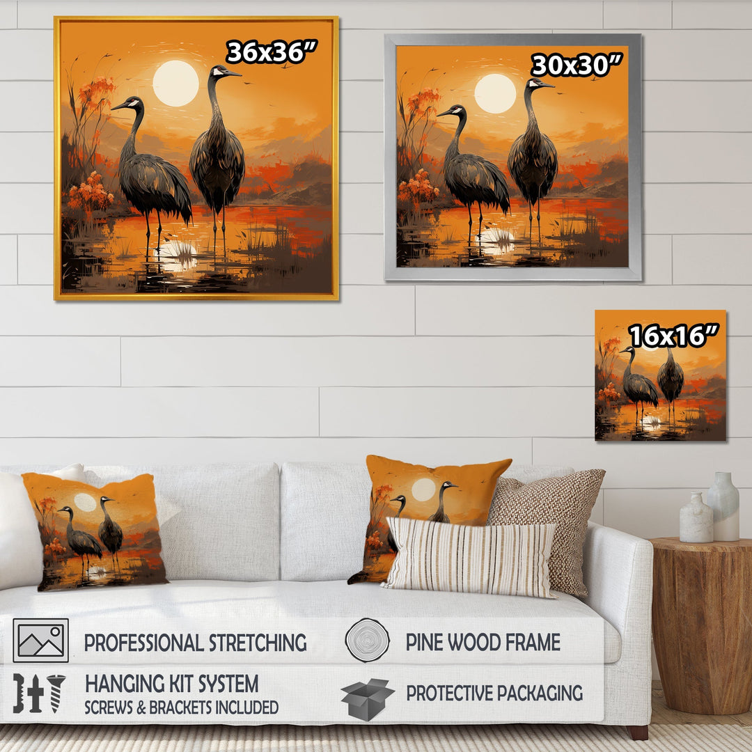 Ostriches At Dusk By The Pond - Ostriches Living Room Wall Art