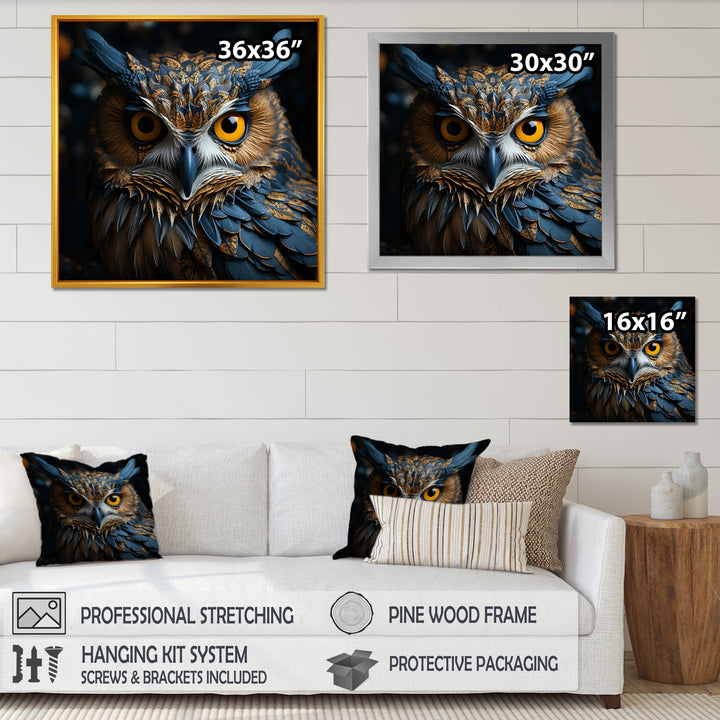 Blue And Yellow Majestic Owl Contemporary Stare - Blue Owl Wall Art