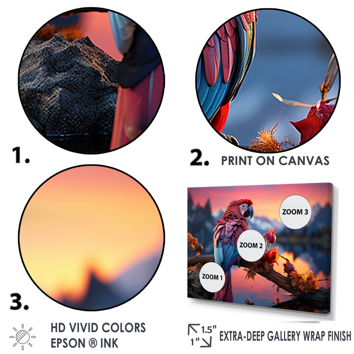 Red And Blue Parrots Radiant Plumage Sunset - Red Parrot Wall Art