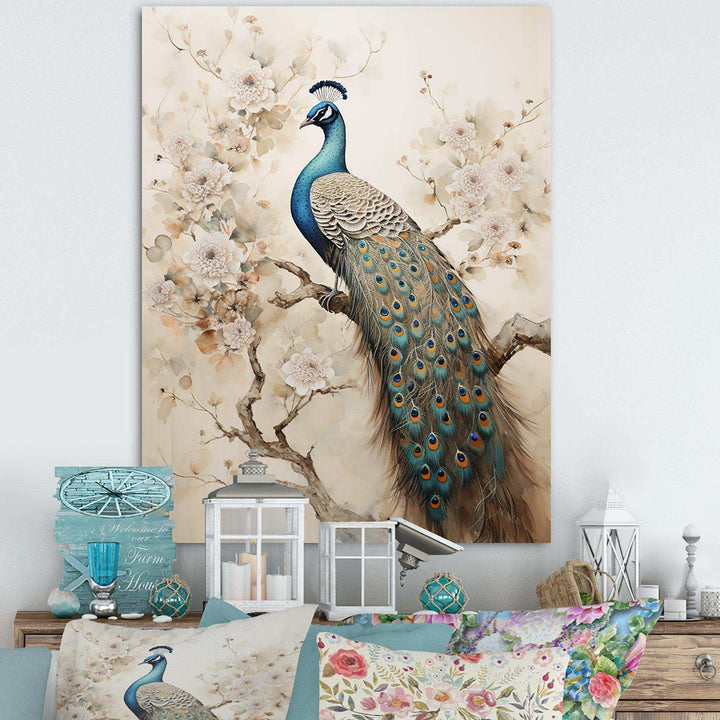 Vintage Fantasy Peacock In Enchanted Flowers II - Animals Canvas Wall Art