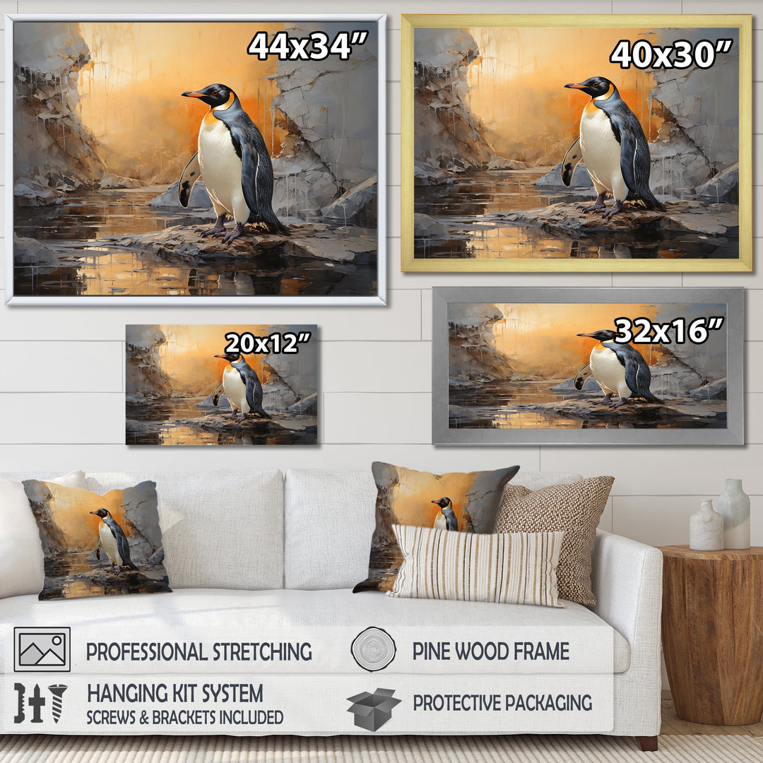 Penguin Elegance In Snow - Penguin Framed Canvas Art