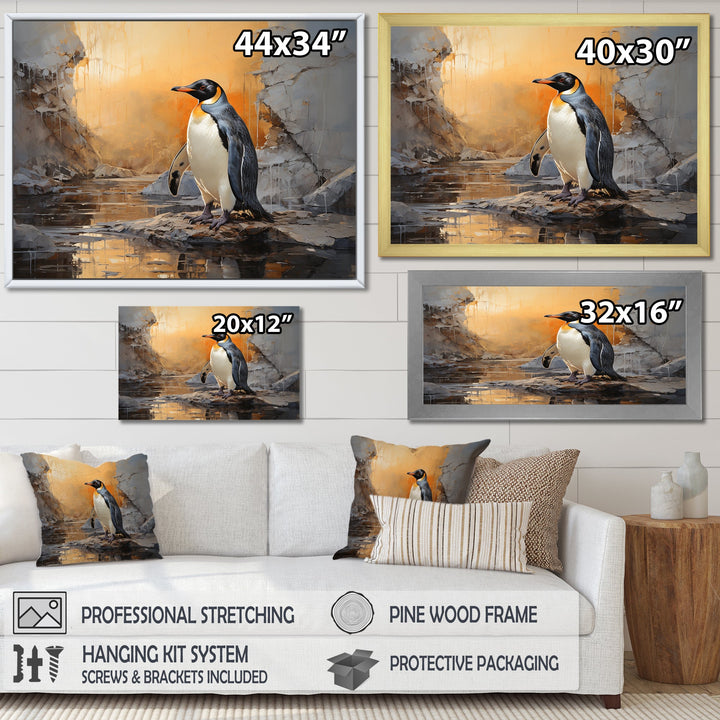 Penguin Elegance In Snow - Penguin Framed Canvas Art