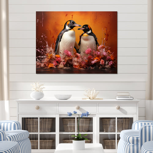 Flower Couple Penguin S World - Penguin Canvas Wall Art
