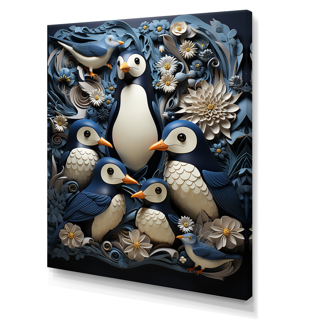 Monochrome Penguin Playfulness - Blue Penguin Wall Art