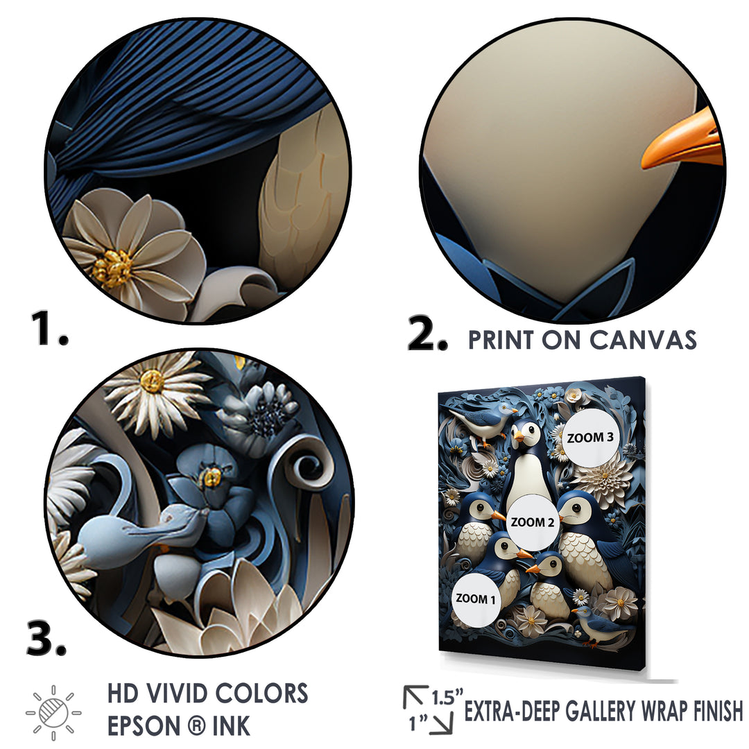 Monochrome Penguin Playfulness - Blue Penguin Wall Art