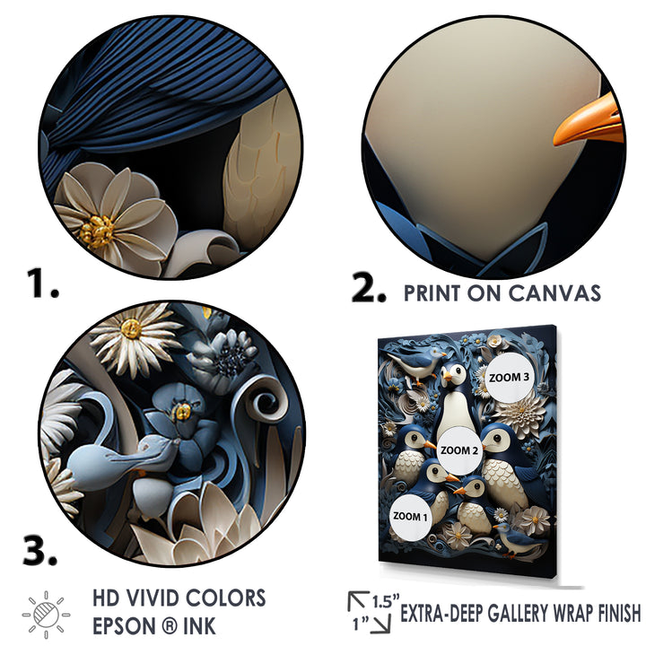 Monochrome Penguin Playfulness - Blue Penguin Wall Art