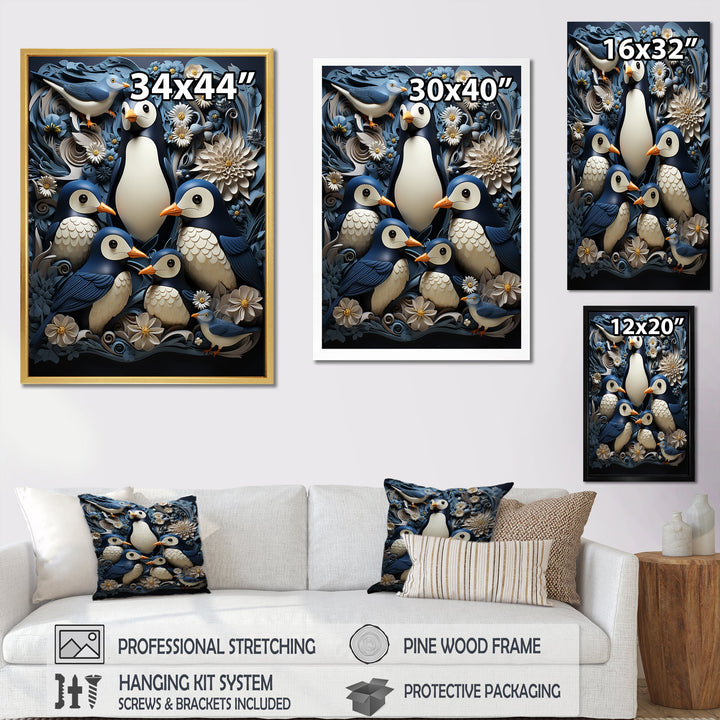 Monochrome Penguin Playfulness - Blue Penguin Wall Art