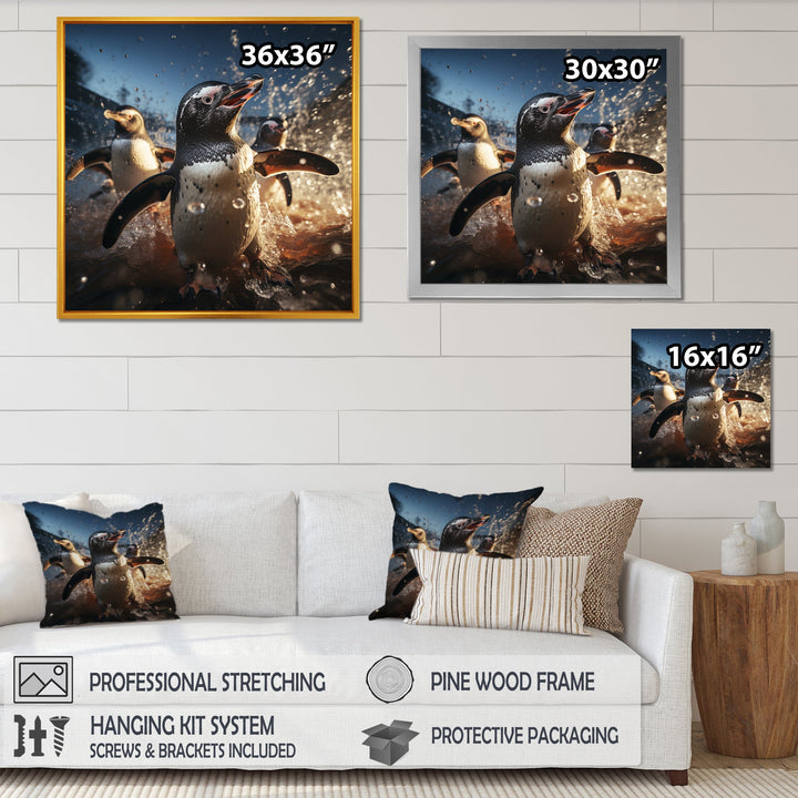 Playful Water Penguin Waltz - Penguin Bedroom Wall Art