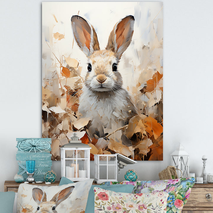 Bunny S Curious Foliage Charm - Beige Rabbit Wall Art