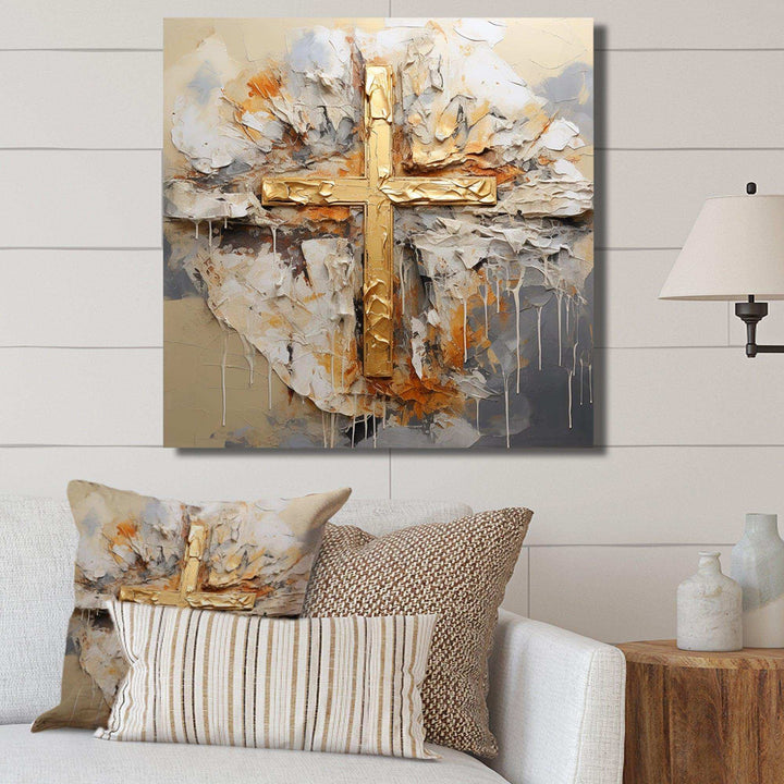 Gold Religious Minimalism Cross - Spiritual Canvas Wall Art