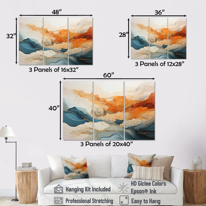 Abstract Orange And Blue River Ink - Canvas Multipanels Set of 3
