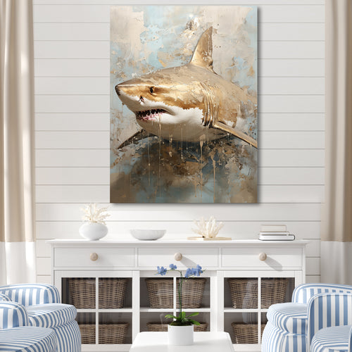 Minimalism Shark Painting In Golden Beige - Shark Canvas Wall Art