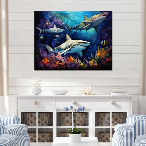 Shark Haven Under Water Painting - Shark Large Canvas Wall Art