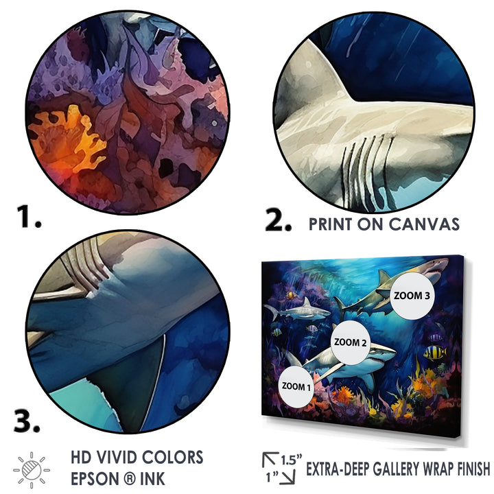 Shark Haven Under Water Painting - Shark Large Canvas Wall Art