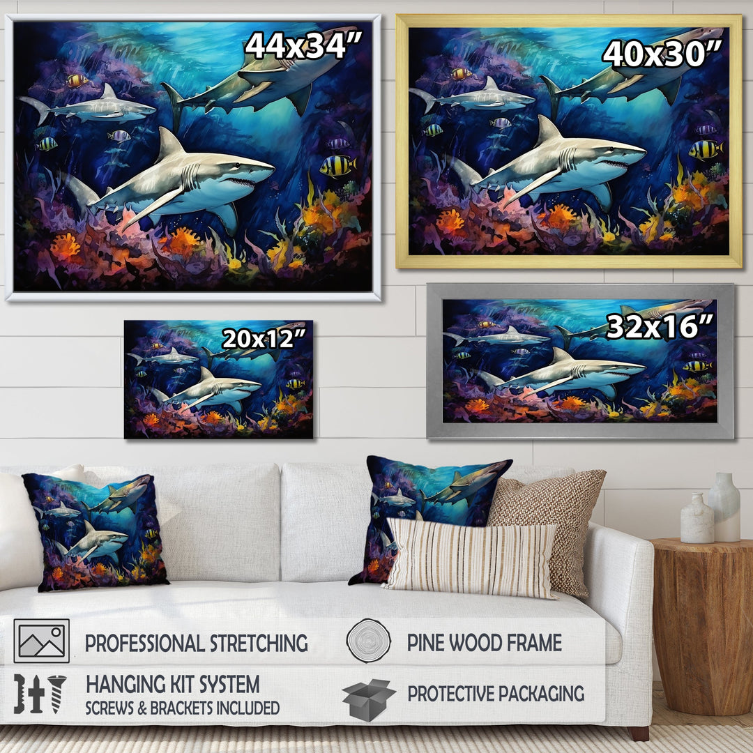 Shark Haven Under Water Painting - Shark Large Canvas Wall Art