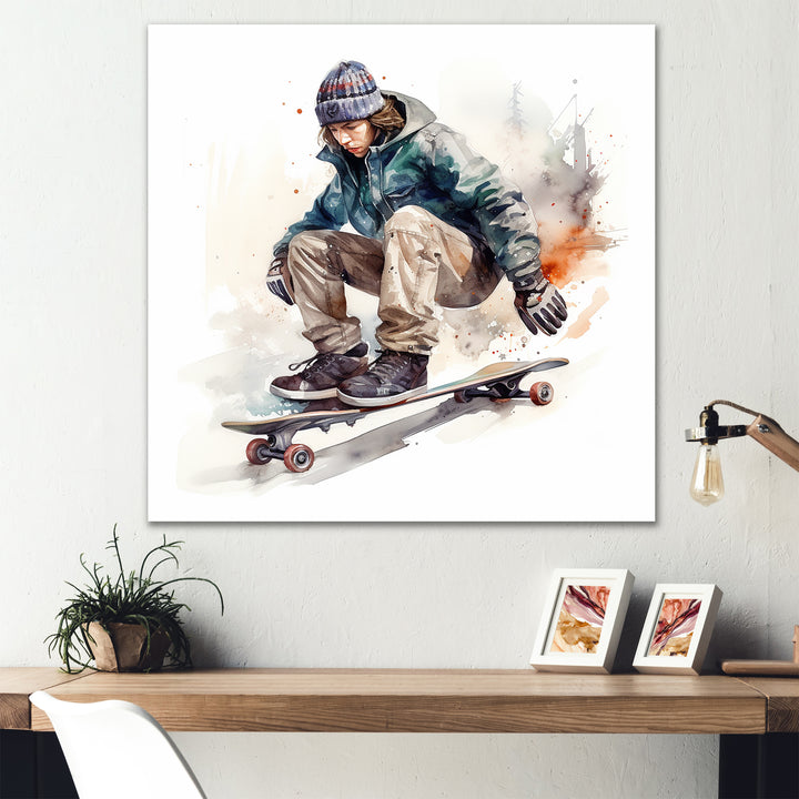 Skateboarder Charm In Winter - Skateboard Canvas Wall Art