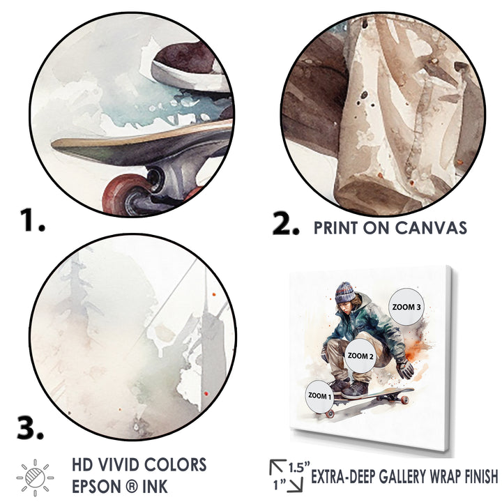 Skateboarder Charm In Winter - Skateboard Canvas Wall Art
