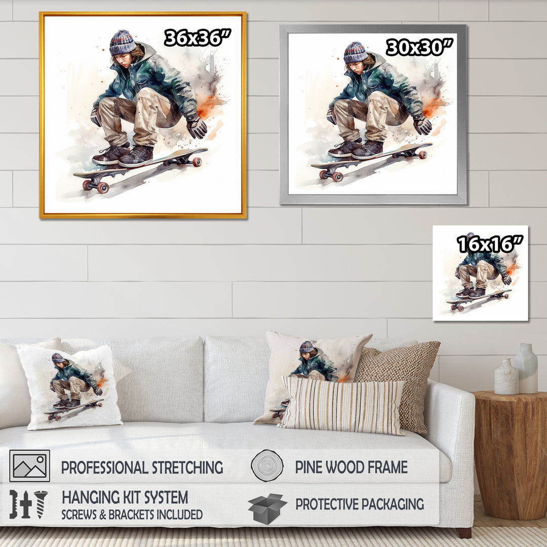Skateboarder Charm In Winter - Skateboard Canvas Wall Art