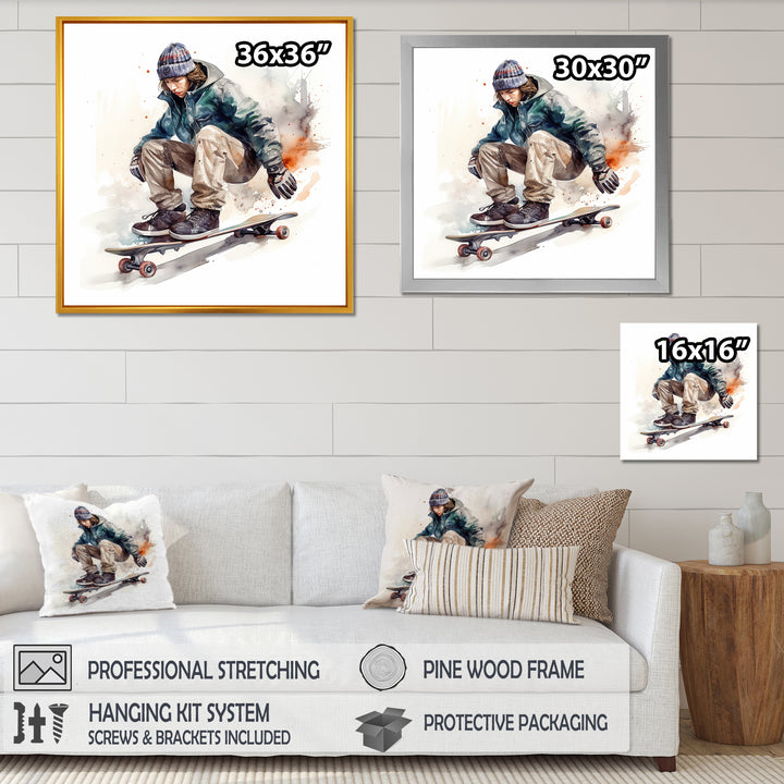 Skateboarder Charm In Winter - Skateboard Canvas Wall Art