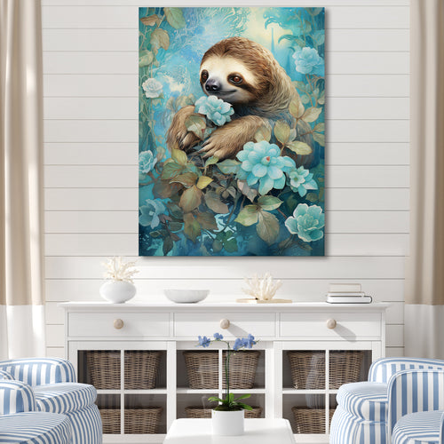 Turquoise Tranquility Flower Sloth - Sloth Canvas Wall Art