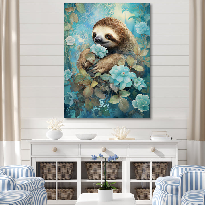 Turquoise Tranquility Flower Sloth - Sloth Canvas Wall Art
