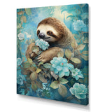 Turquoise Tranquility Flower Sloth - Sloth Canvas Wall Art