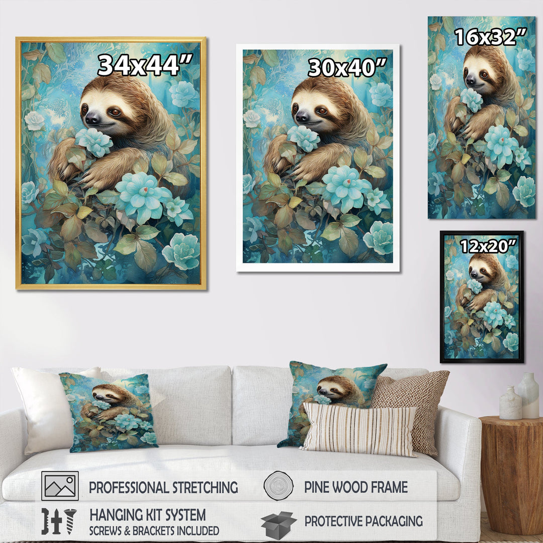 Turquoise Tranquility Flower Sloth - Sloth Canvas Wall Art