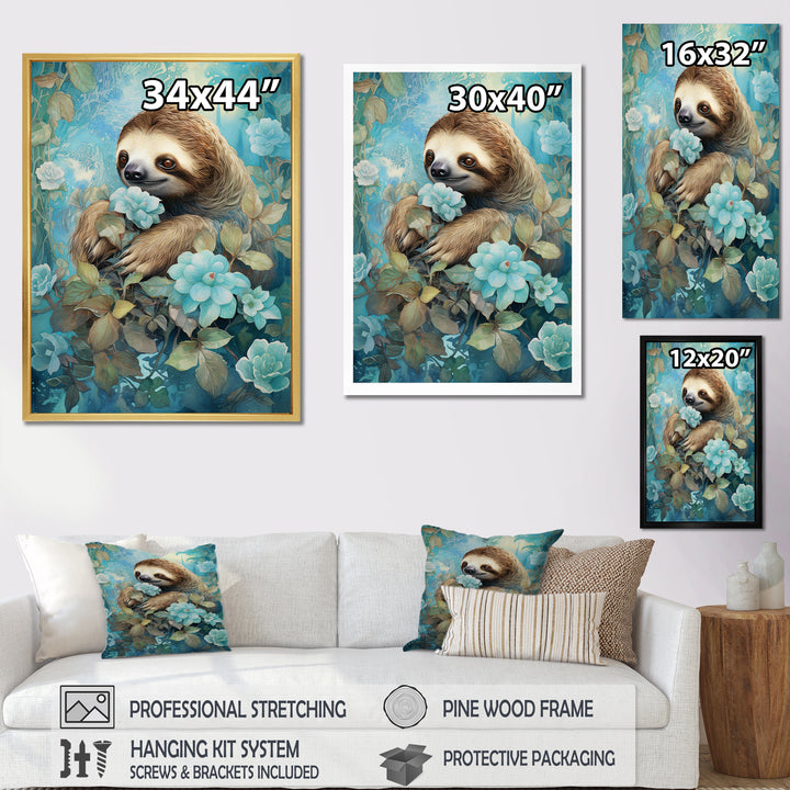 Turquoise Tranquility Flower Sloth - Sloth Canvas Wall Art