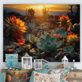 Succulent Desert Cactus Field Burning Sunset - Floral Canvas Wall Art