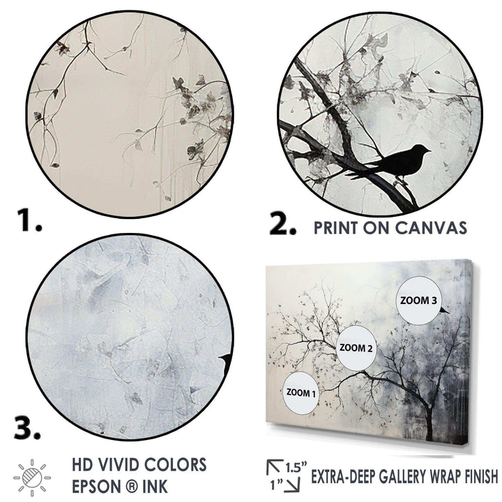 Minimalism Monochrome Birds On Branch II - Landscapes Canvas Wall Art