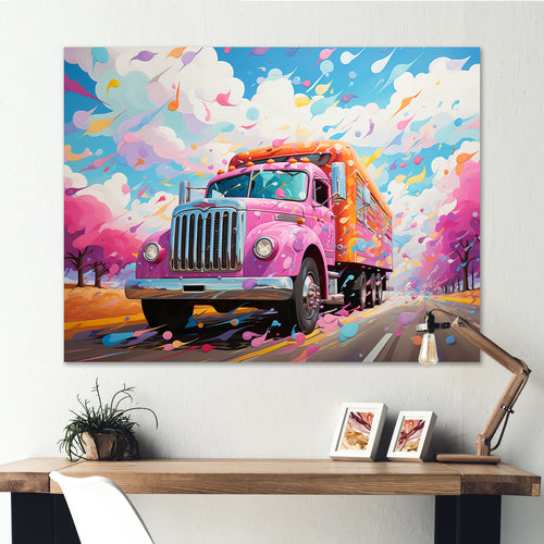 Pink Rainbow Truck - Truck Canvas Wall Art