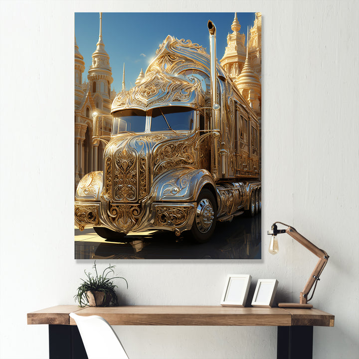 Golden Semi Truck Dream - Truck Canvas Wall Art