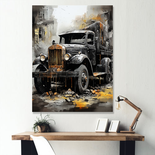 Old Black Garbage Truck - Truck Canvas Wall Art