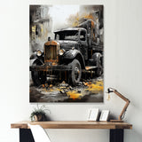 Old Black Garbage Truck - Truck Canvas Wall Art