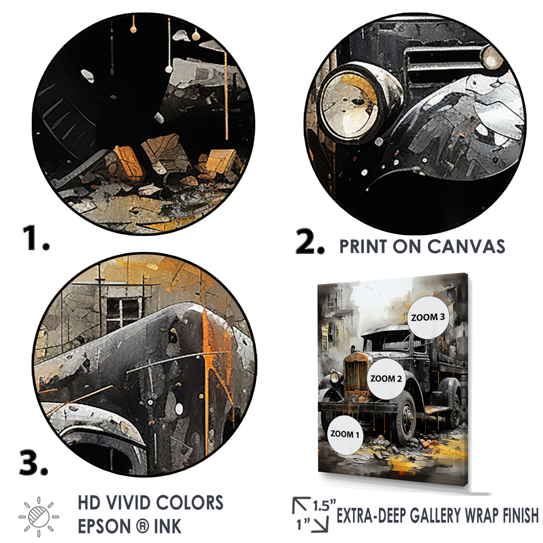Old Black Garbage Truck - Truck Canvas Wall Art