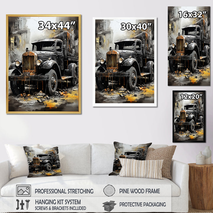 Old Black Garbage Truck - Truck Canvas Wall Art