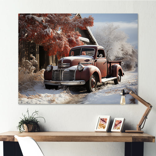 Truck Pickup Charm In Winter - Truck Pickup Canvas Wall Art