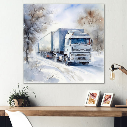 Truck Trailer Charm In Winter - Truck Trailer Canvas Wall Art