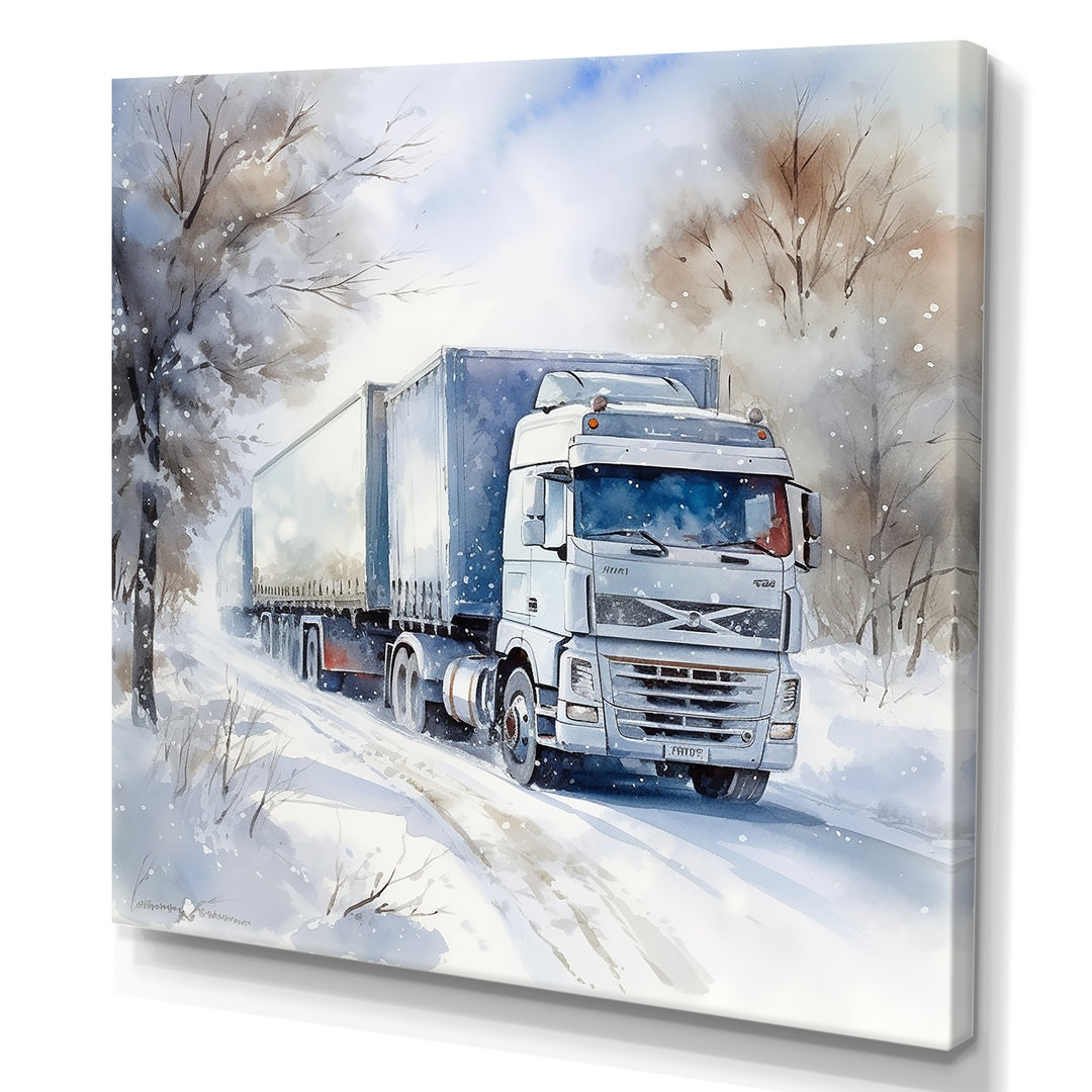Truck Trailer Charm In Winter - Truck Trailer Canvas Wall Art