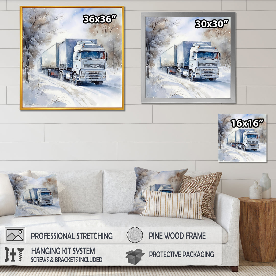 Truck Trailer Charm In Winter - Truck Trailer Canvas Wall Art