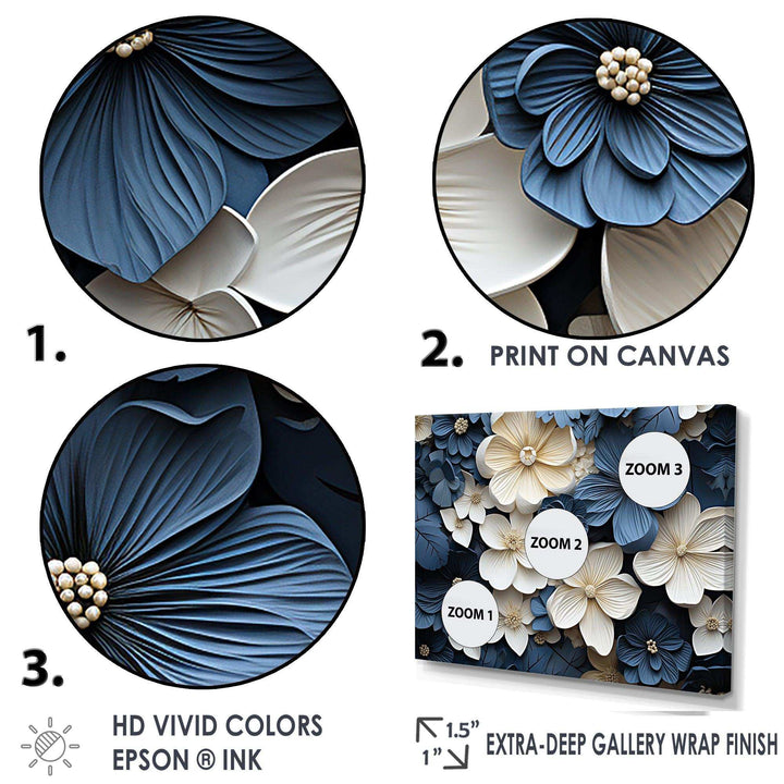 Blue And White Adorned Violets - Floral Canvas Wall Art