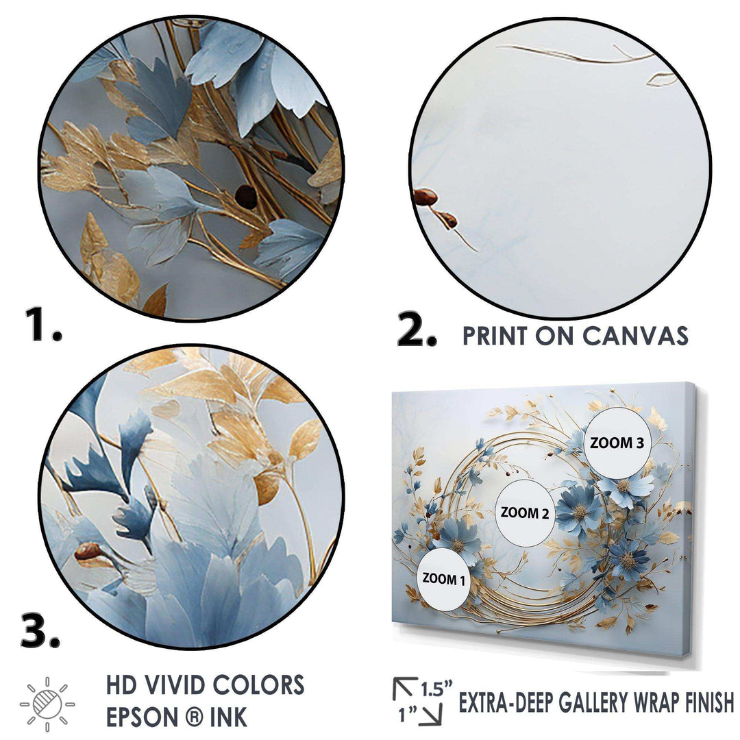 blue and gold Wreath flower - Floral Canvas Wall Art