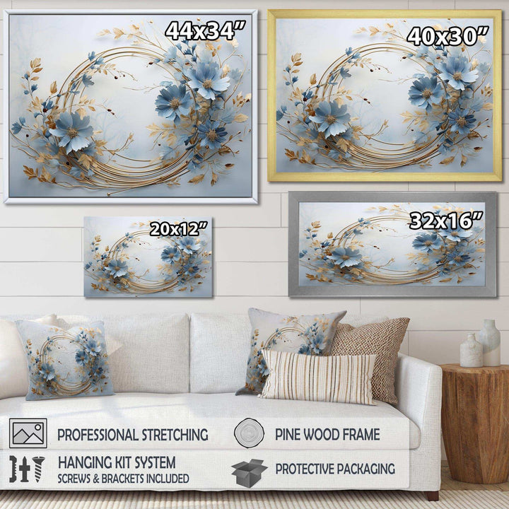 blue and gold Wreath flower - Floral Canvas Wall Art